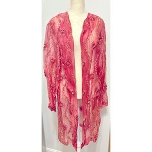 Connie Roberson Vintage sheer silk cover  up coral with sequin's and beads- LG